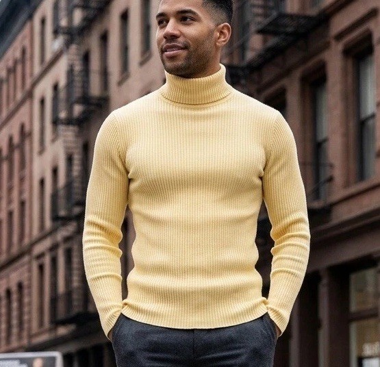 VTG Lord & Taylor Man’s Shop Wool Turtleneck Sweater Yellow Ribbed Hong Kong M
