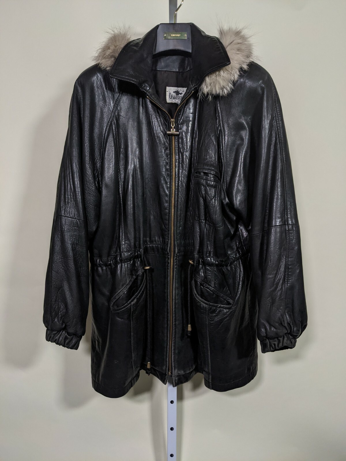 Damselle New York City Vintage Soft Black Leather Fur Hood Parka Jacket Large