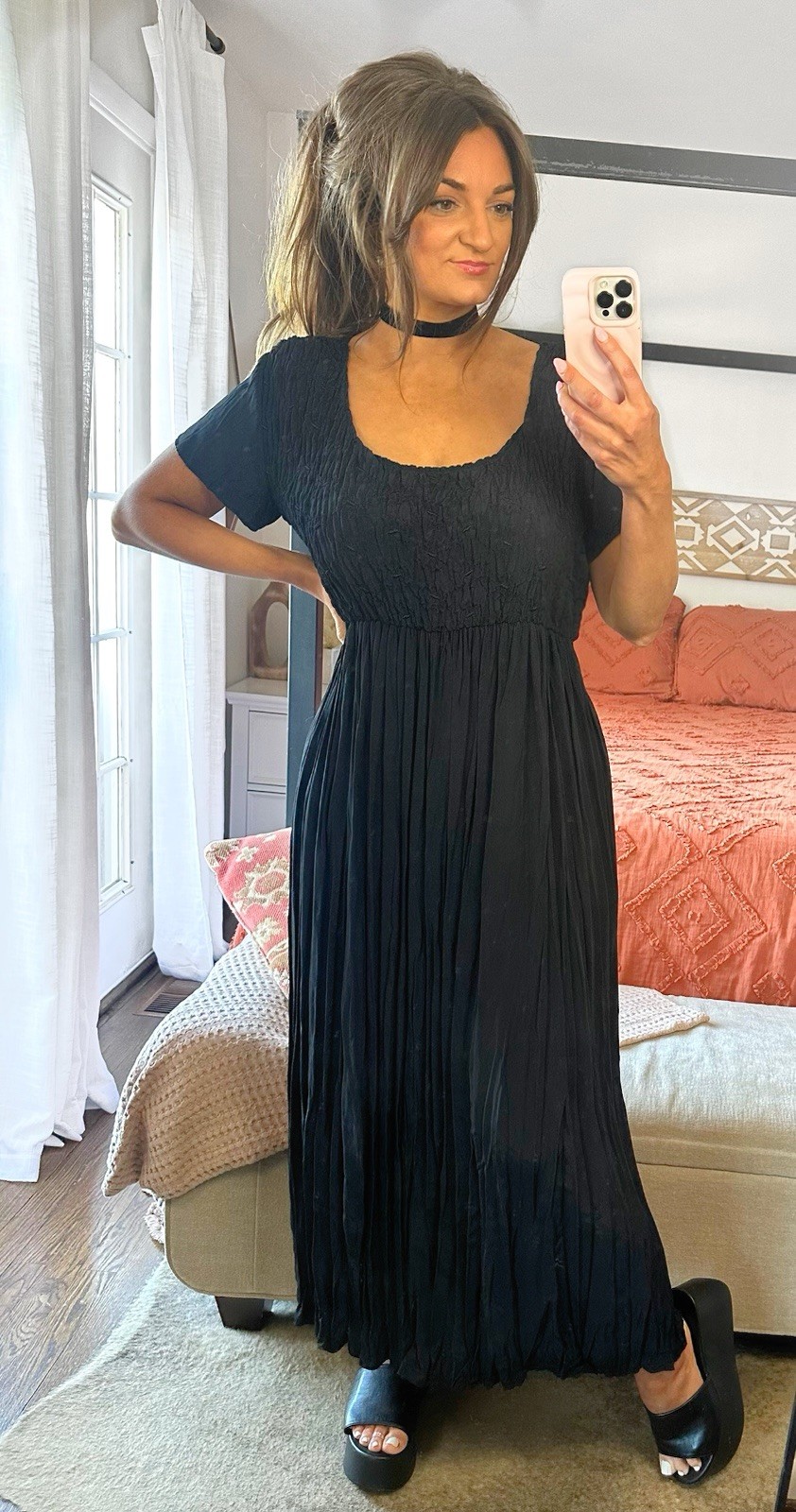 90’s Vintage Rampage Size Large Black Smocked Empire Waist Maxi Dress Whimsigoth
