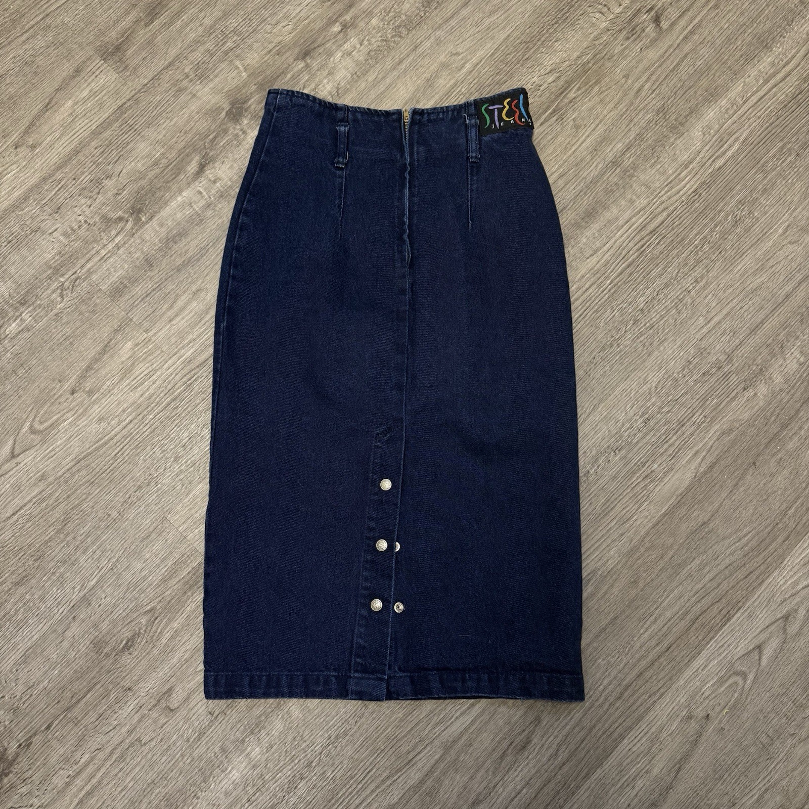 Steel Jeans Vintage Denim Midi Skirt Dark Wash High Waist Front Slit Size 9