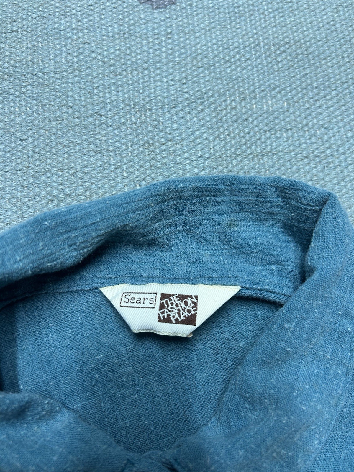 Vintage 70s short sleeve pullover shirt blue textured 1/2 button women’s 42 XL