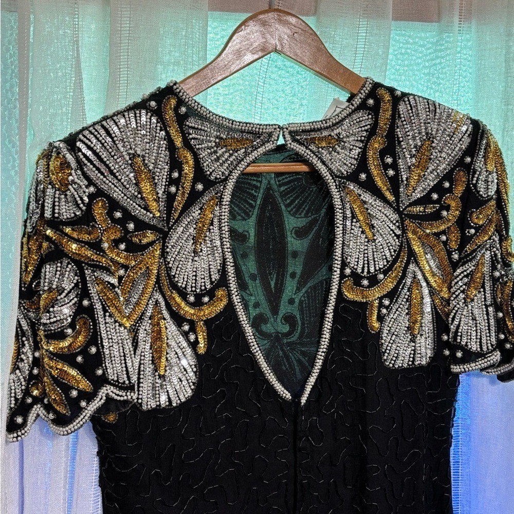 Vtg long PM Laurence Kazar Black Dress with Gold, Silver, and Pearls Party