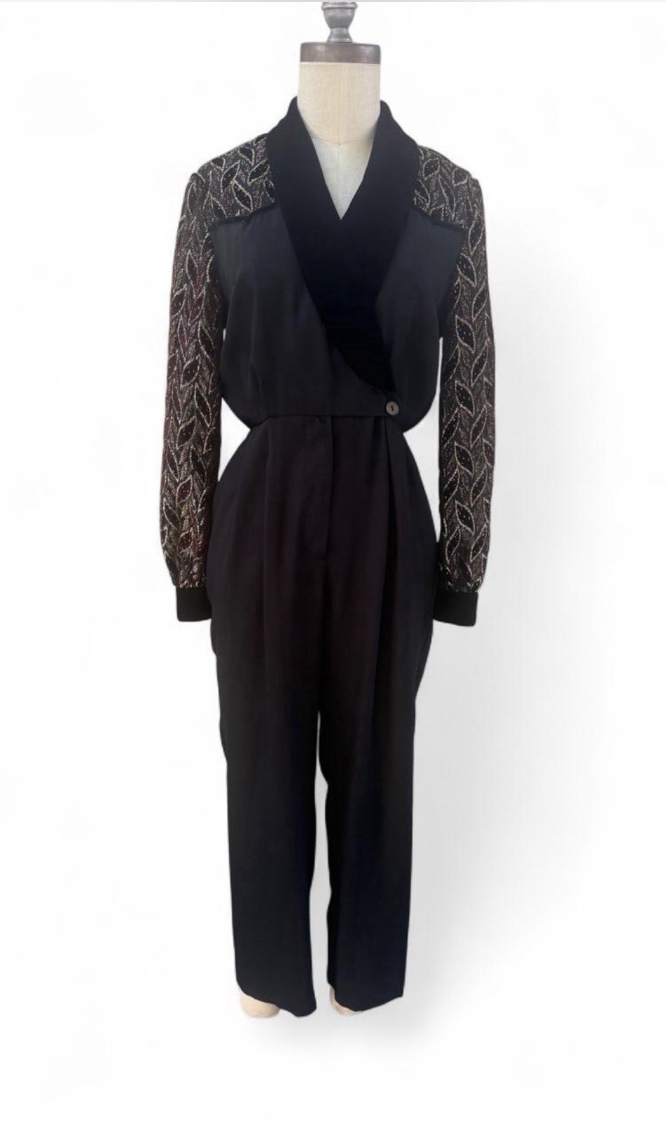 80’s Vintage Cocktail Jumpsuit Collared Burnout Velvet Sleeves Glam New Wave 4p