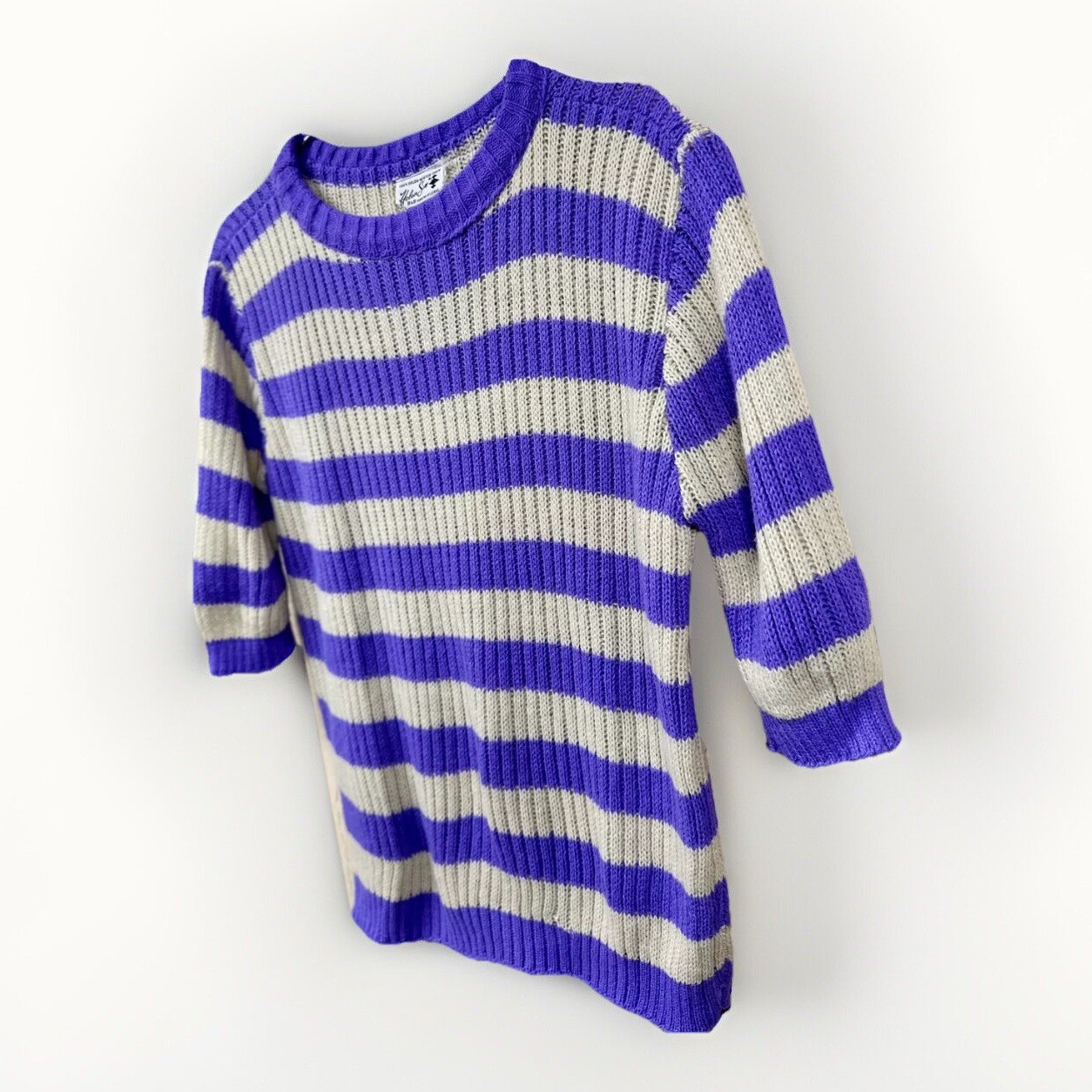 Vintage Short Sleeve Knit Sweater Purple Stripe Helen Sue Acrylic