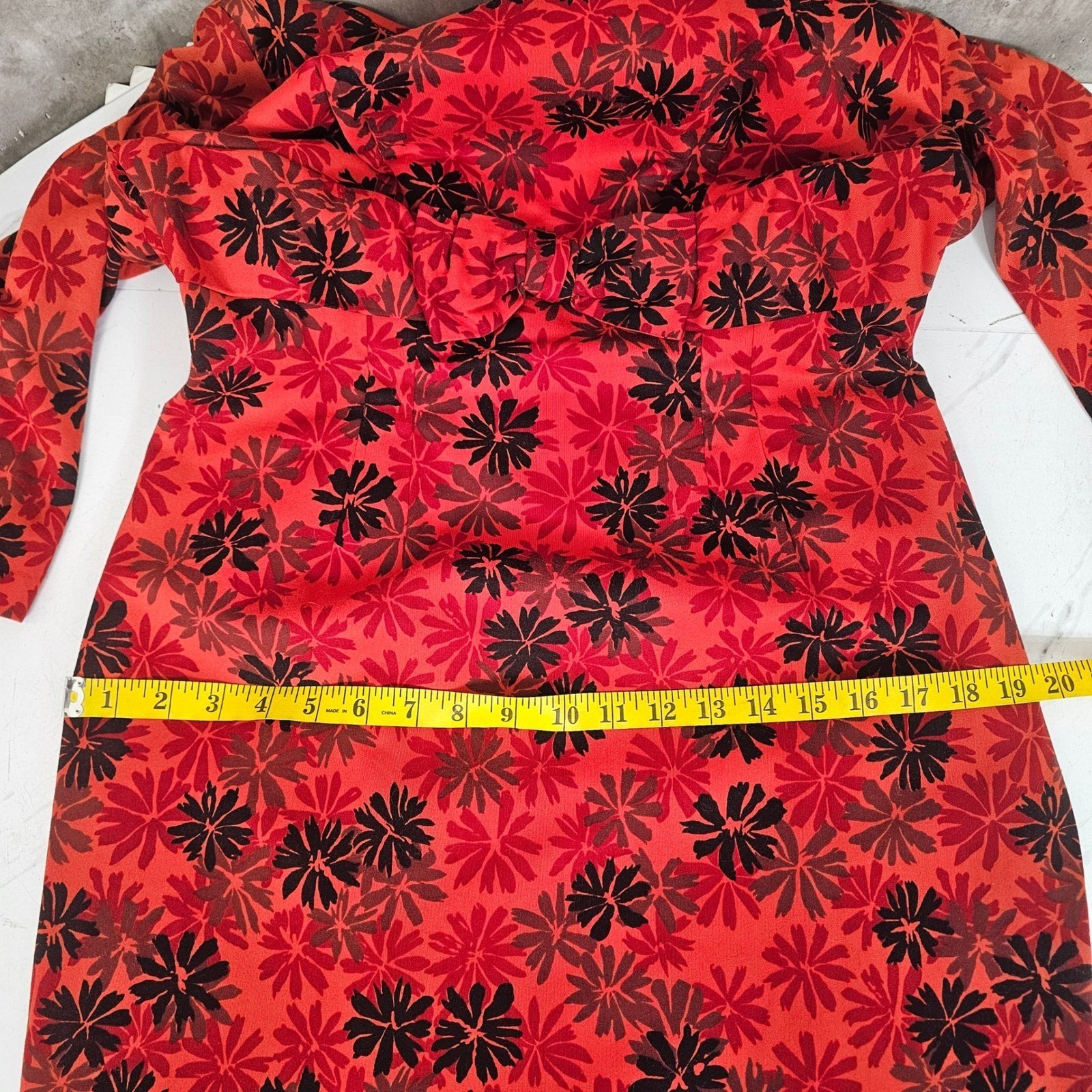 Vintage 60s Red Black Floral Wiggle Draped Back Dress Bow Waist Cocktail Party