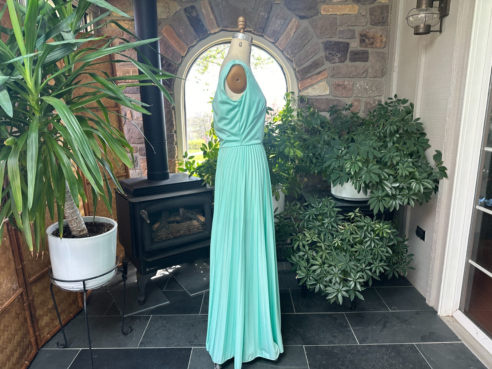 Vintage 1970s Goddess Mint Green Pleated Knit Evening Dress with Lace Jacket