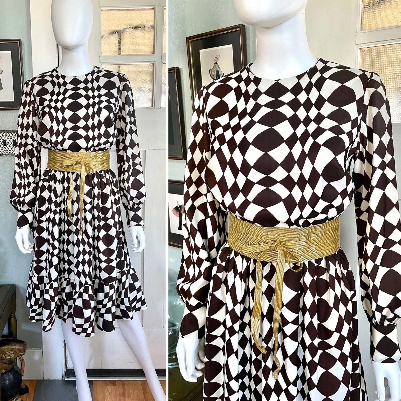 Vintage 60s Small Henry L brown and off white op art bishop sleeve Dress