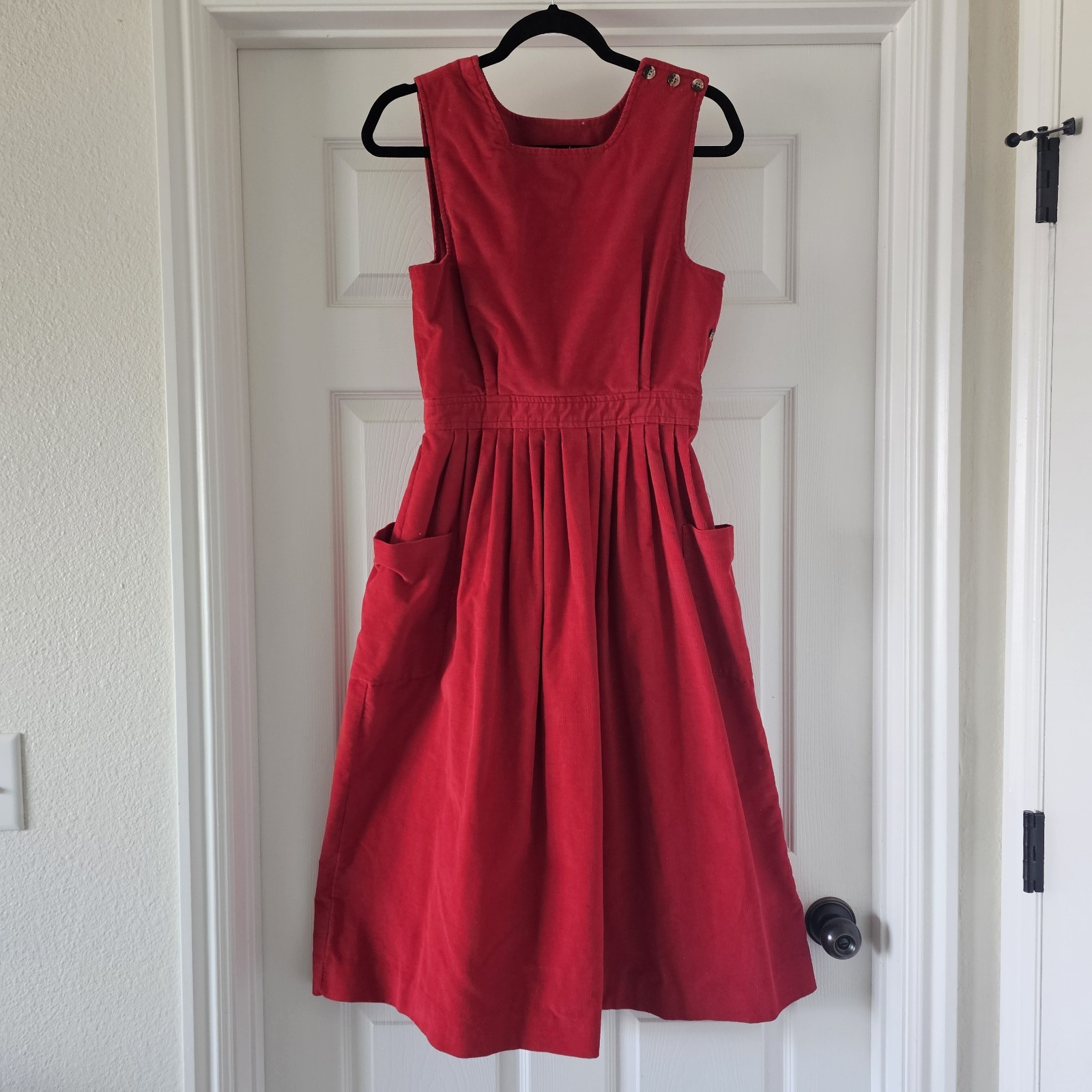 1980s 1990s L.L. Bean Lipstick Red Corduroy Pinafore Jumper Midi Dress #74