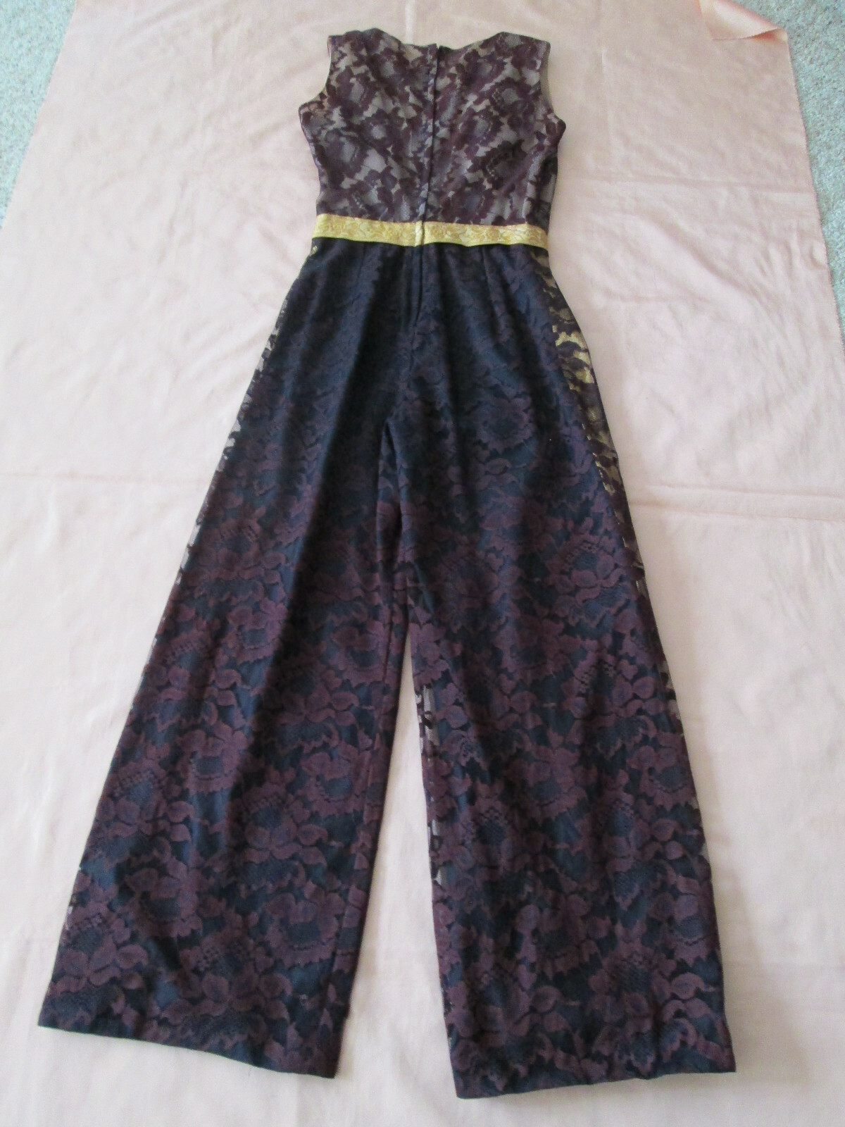 Vintage JUMPSUIT Black Lace METALLIC GOLD Shimmer detailing Melinda of Calif