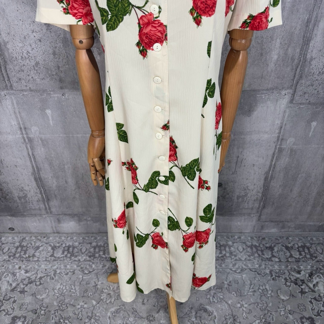Vintage Ivory Red Rose Floral Maxi Dress Button Front Cottagecore Romantic 90s