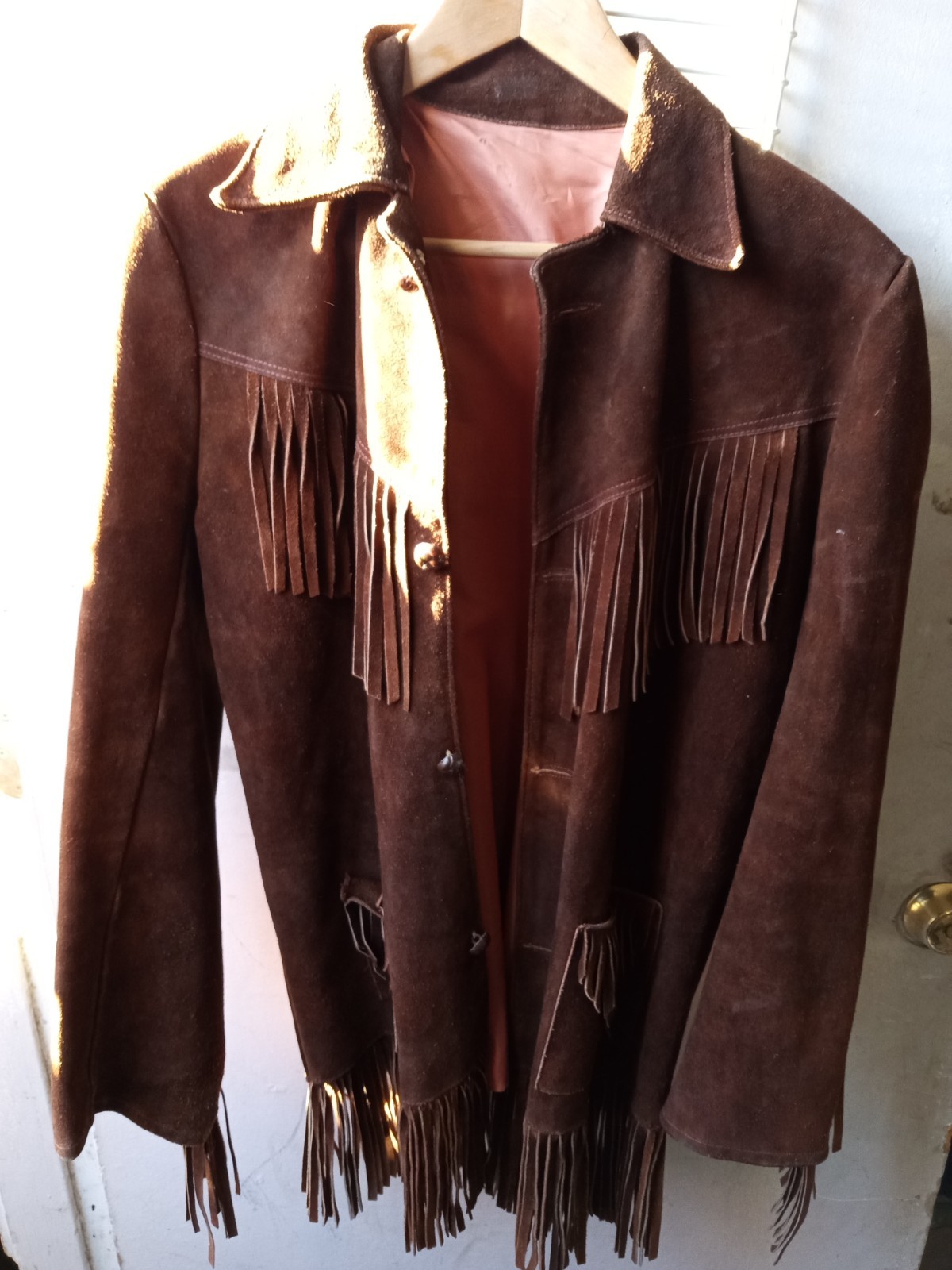 Vintage Hippie Large Fringe Coat Brown Suede Custom Made By Hand. Not Factory