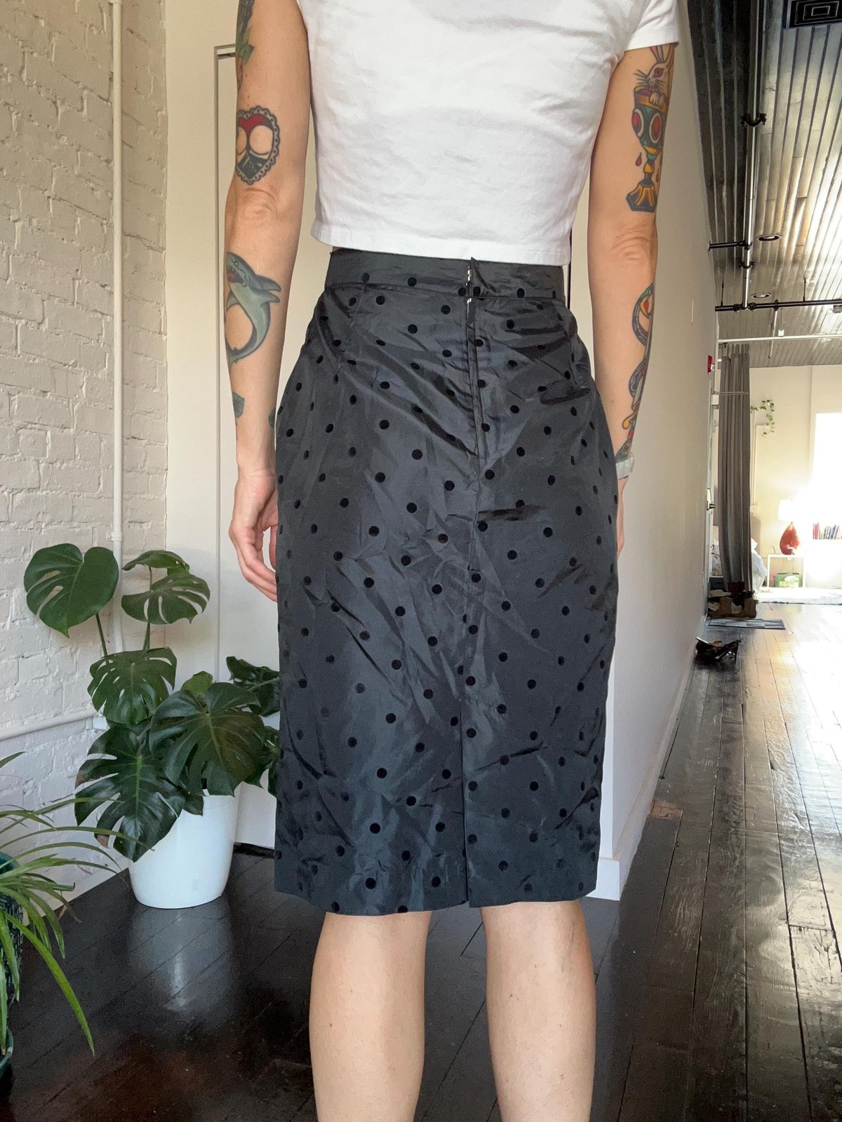 80s high waist flocked polka dot black pencil skirt evening cocktail party