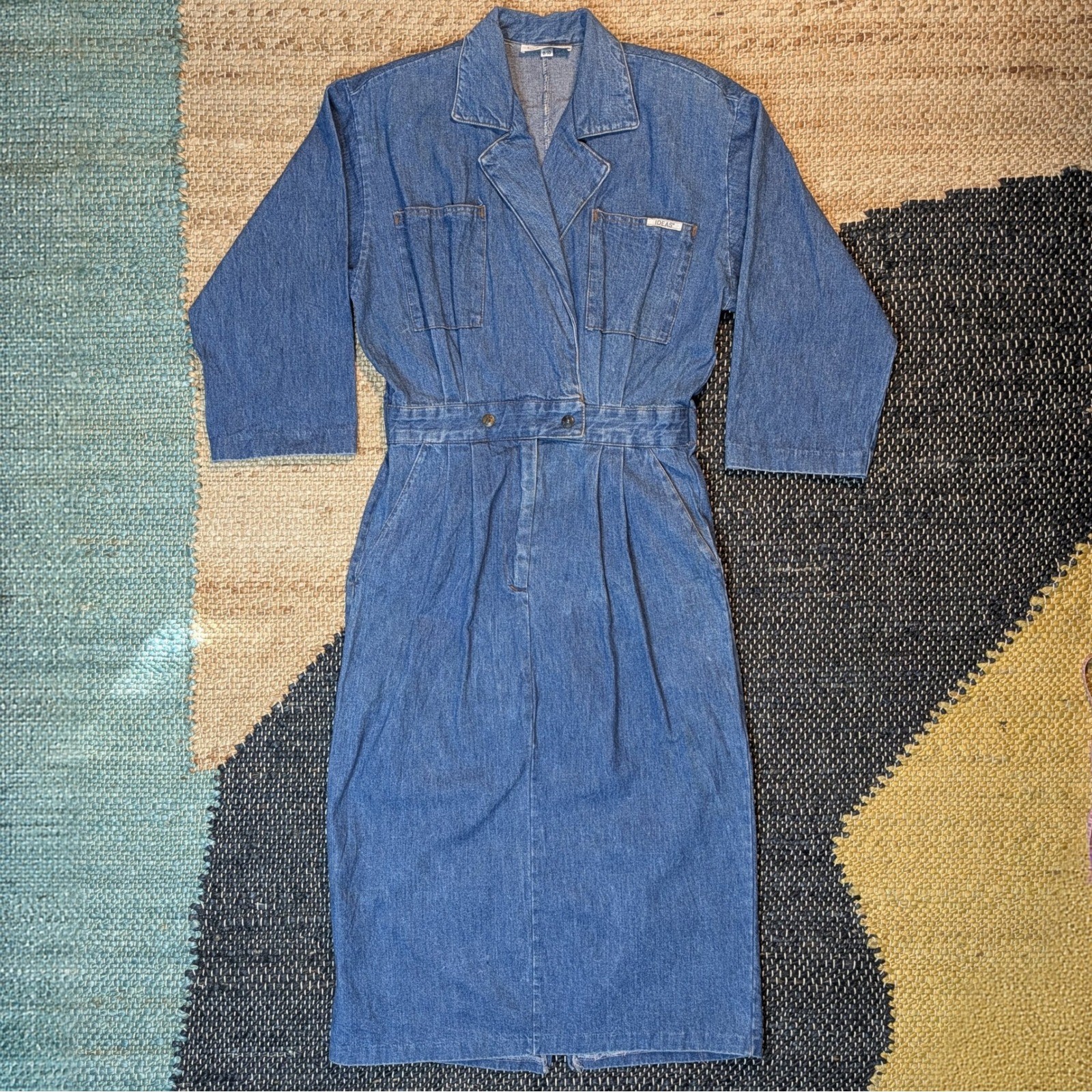 Vintage Ideas Denim Midi Dress Blue Wash 3/4 Sleeve Button Waist Size 9/10 80s