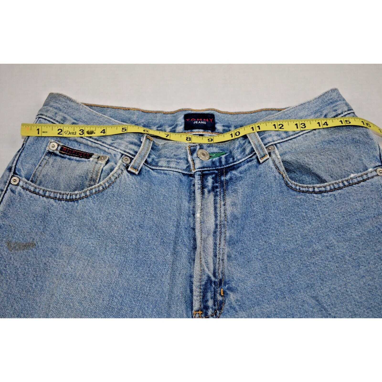 Vintage Tommy Hilfiger Jeans 32 x 31 Blue 90s High Waist Flag Logo Wide Leg