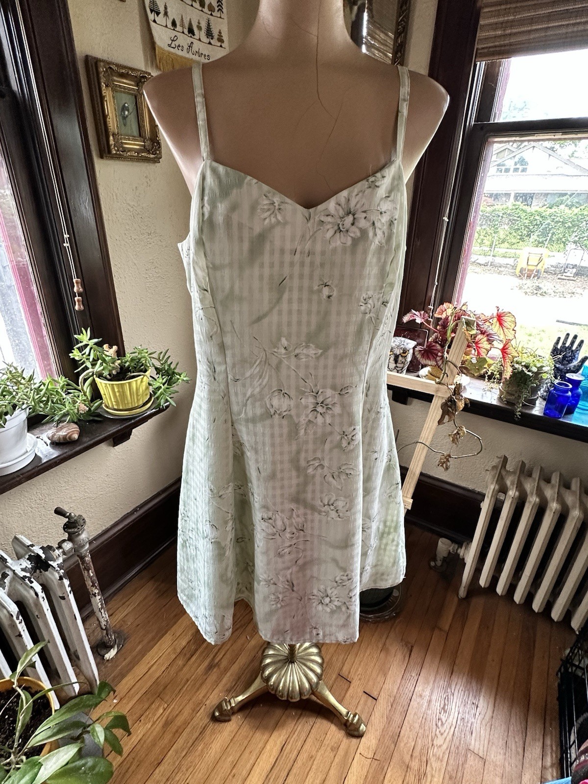 Vintage Cute Summer Dress Size.13 Mint Green Gingham Floral Cottage Core 90s