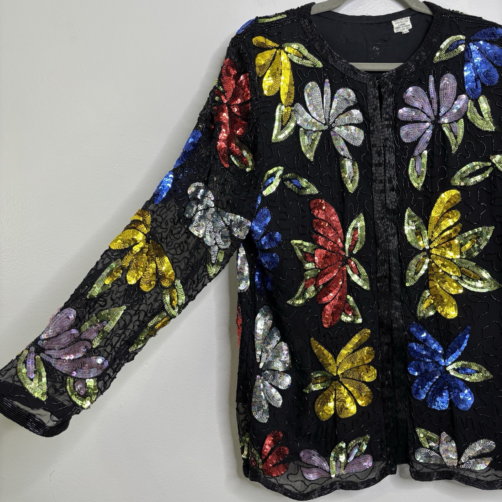Vintage Silk Sequin Beaded Cardigan Lined Size XL Cruise Cocktail Glam