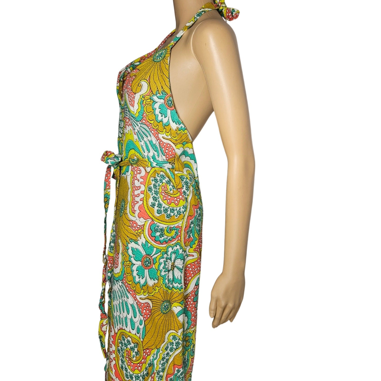 70s Wrap Maxi Dress Yellow Handmade Floral Vintage Strappy Backless 2 pc Size S