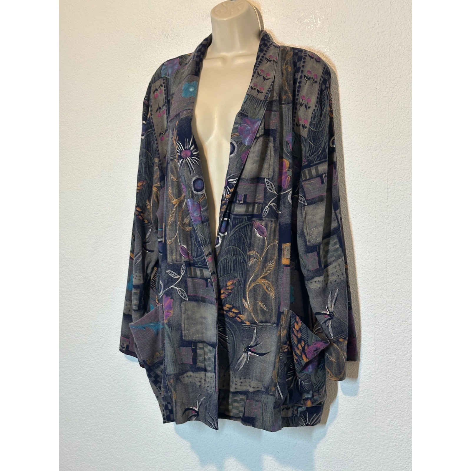Kensington Square Vintage Floral Patchwork Blazer Purple Multi Artsy Pockets USA