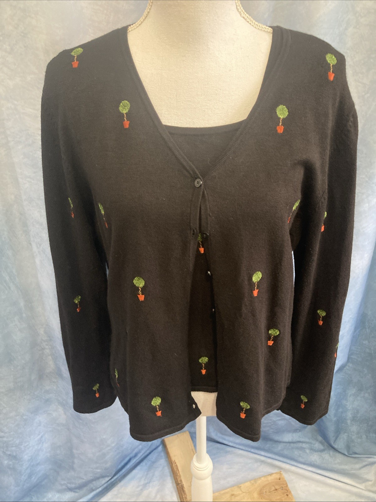 Vtg 90s Etoile 2pc Cardigan & Shell Set XL Black Topiary Embroidered Twinset GUC