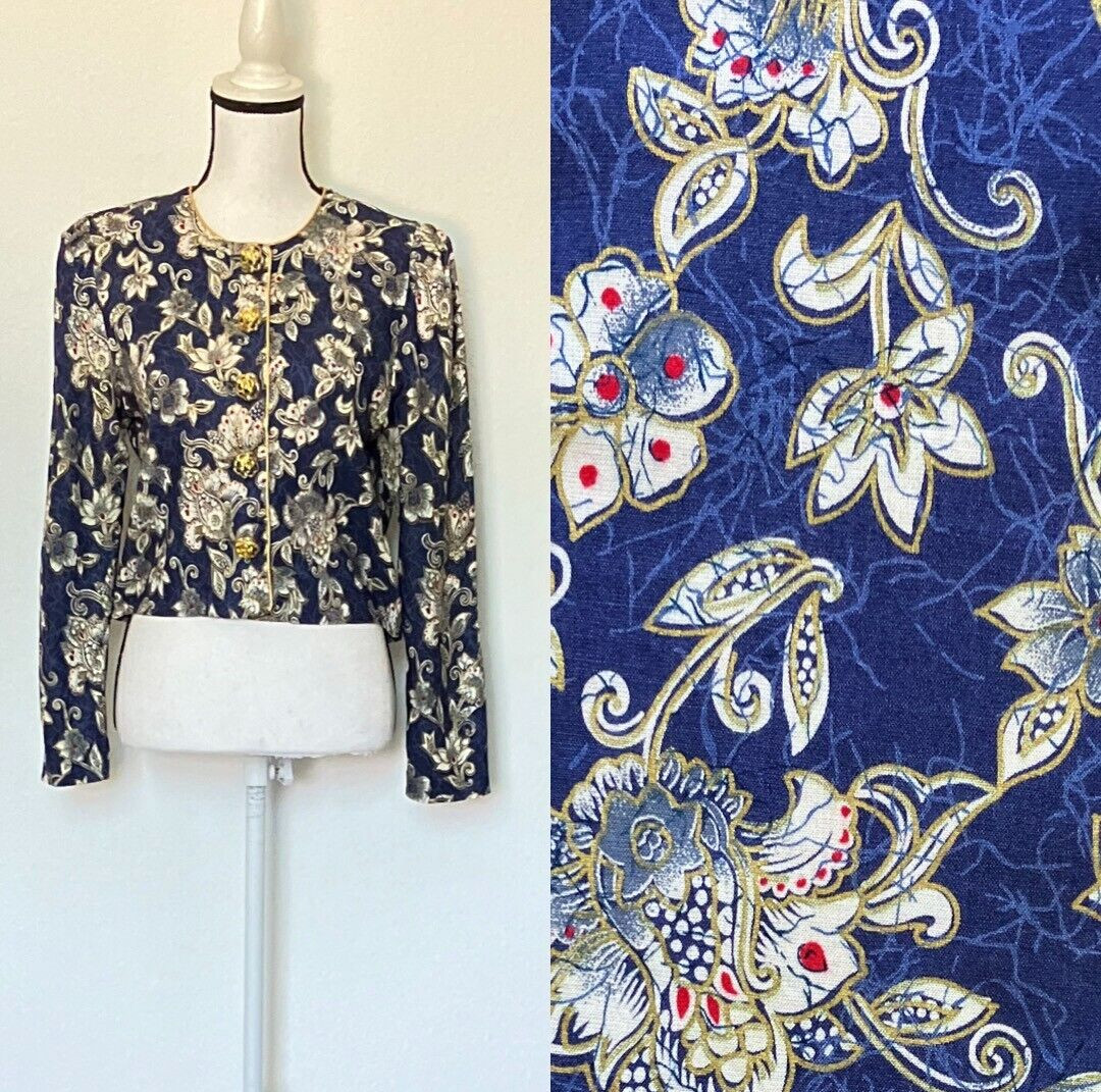 1980s Floral Cropped Blouse with Gold Trim