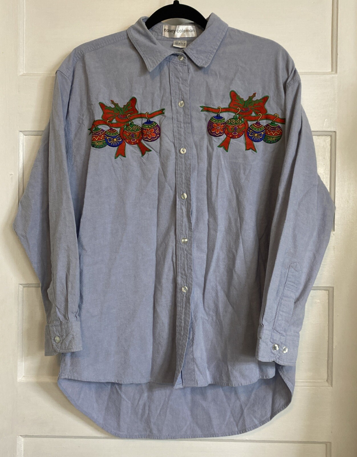 Vtg Christmas Ornament Bow Denim Shirt Blue Embroidery Sz Med? 90s Grandma Core