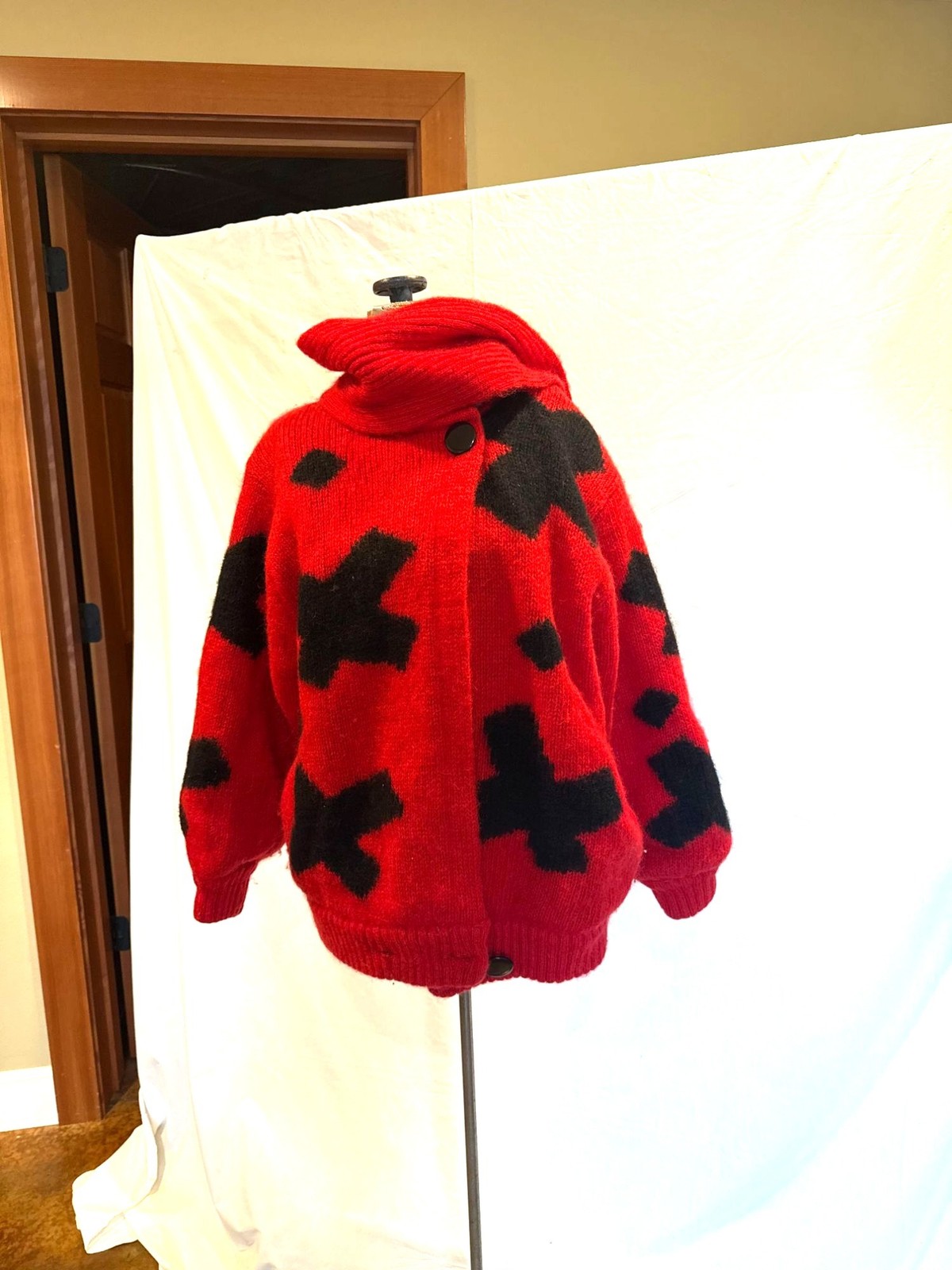Vintage 80s Red Graphic Oversized Mohair Knit Jacket Statement Piece