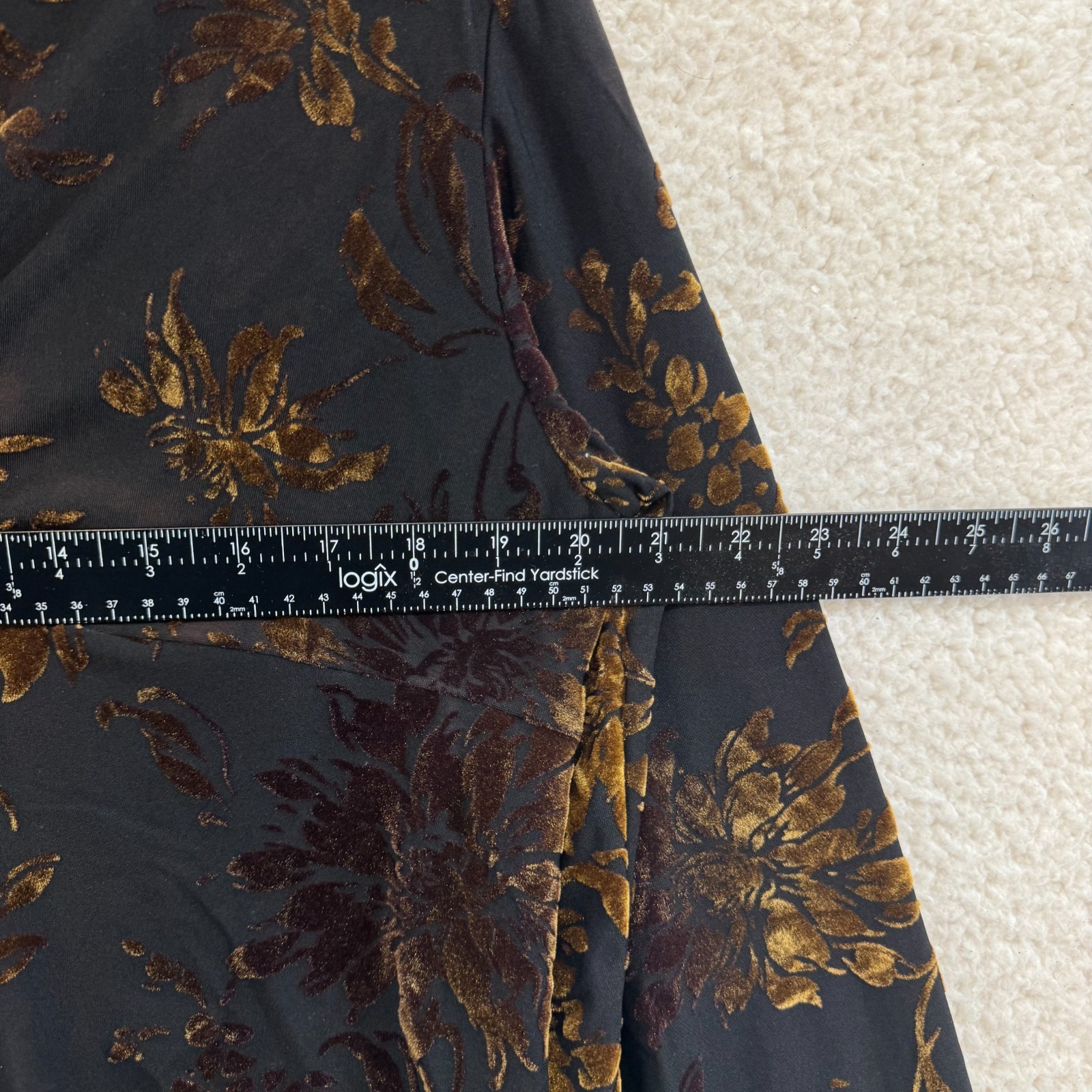 90s Vintage Top XL Black Floral Slinky Stretch Long Sleeve V-Neck Boho Grunge