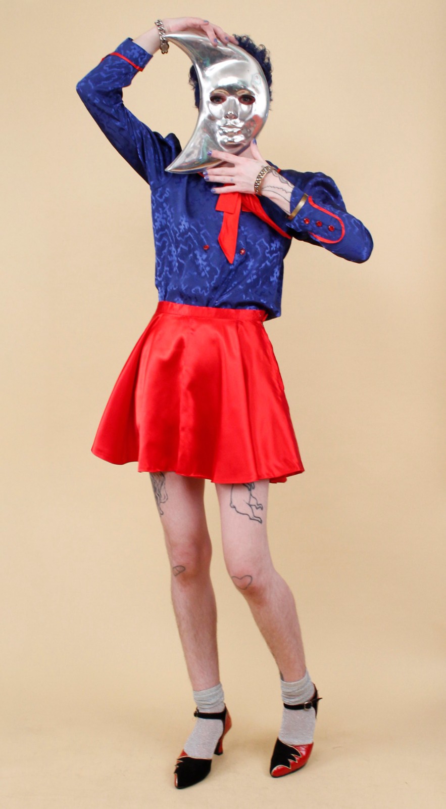 80s Vtg Blue Satin Sailor Moon Style Collar Blouse Shirt Button Up Nautical B34″