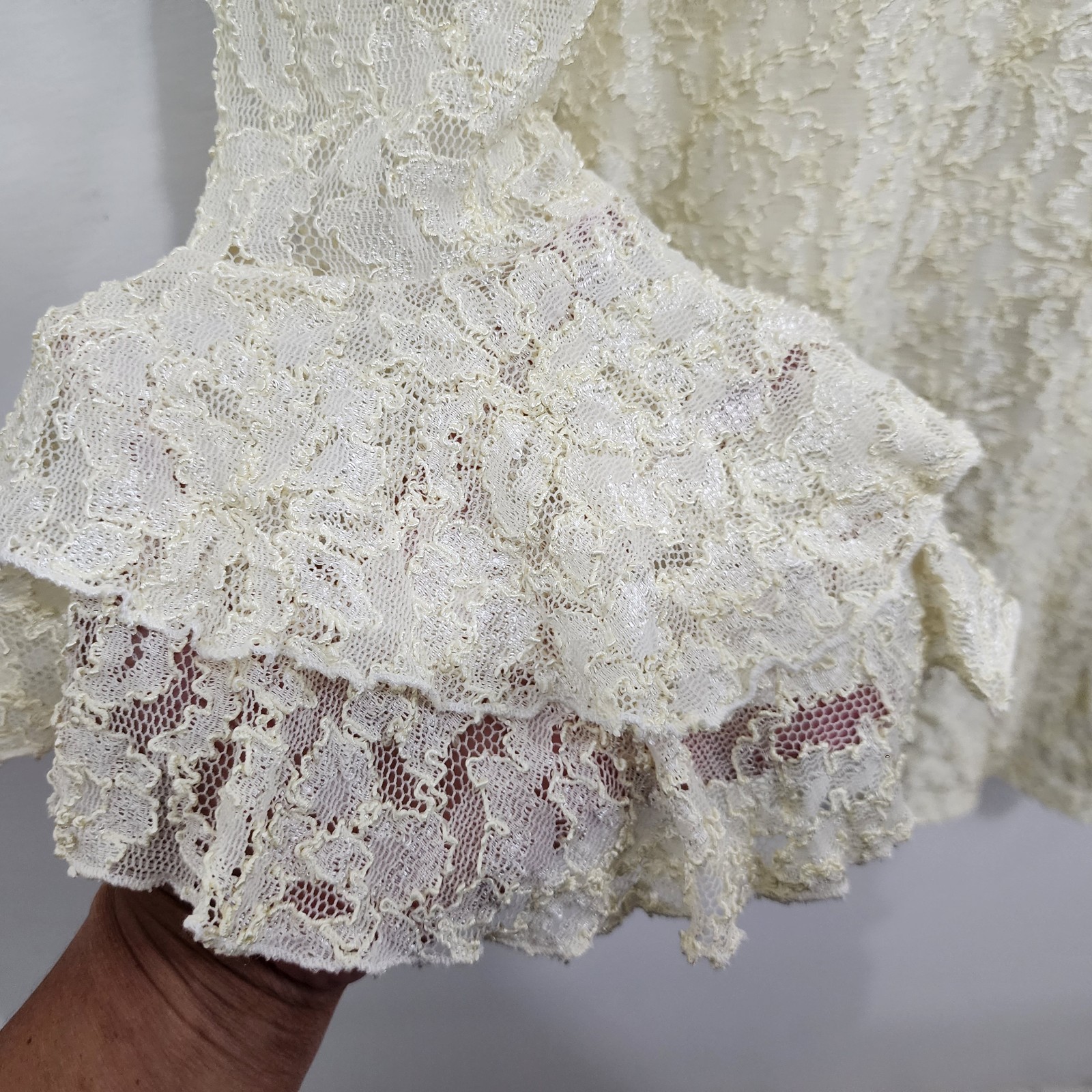 Onyx Nite 90s Vintage Cream Lace Bell Sleeve Mini Dress NEW Womens Sz 8 Stretch