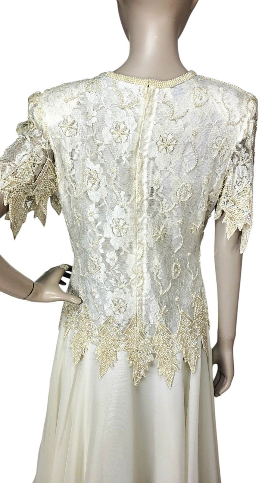 Vintage Laurance Kazar Creme Pearl Beaded Sequined Tiered Chiffon Formal Dress