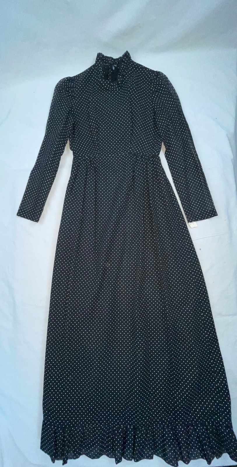 VTG 60S 70S DOES 40S WOMENS S BLACK POLKA DOT LONG HOUSE WORK DRESS