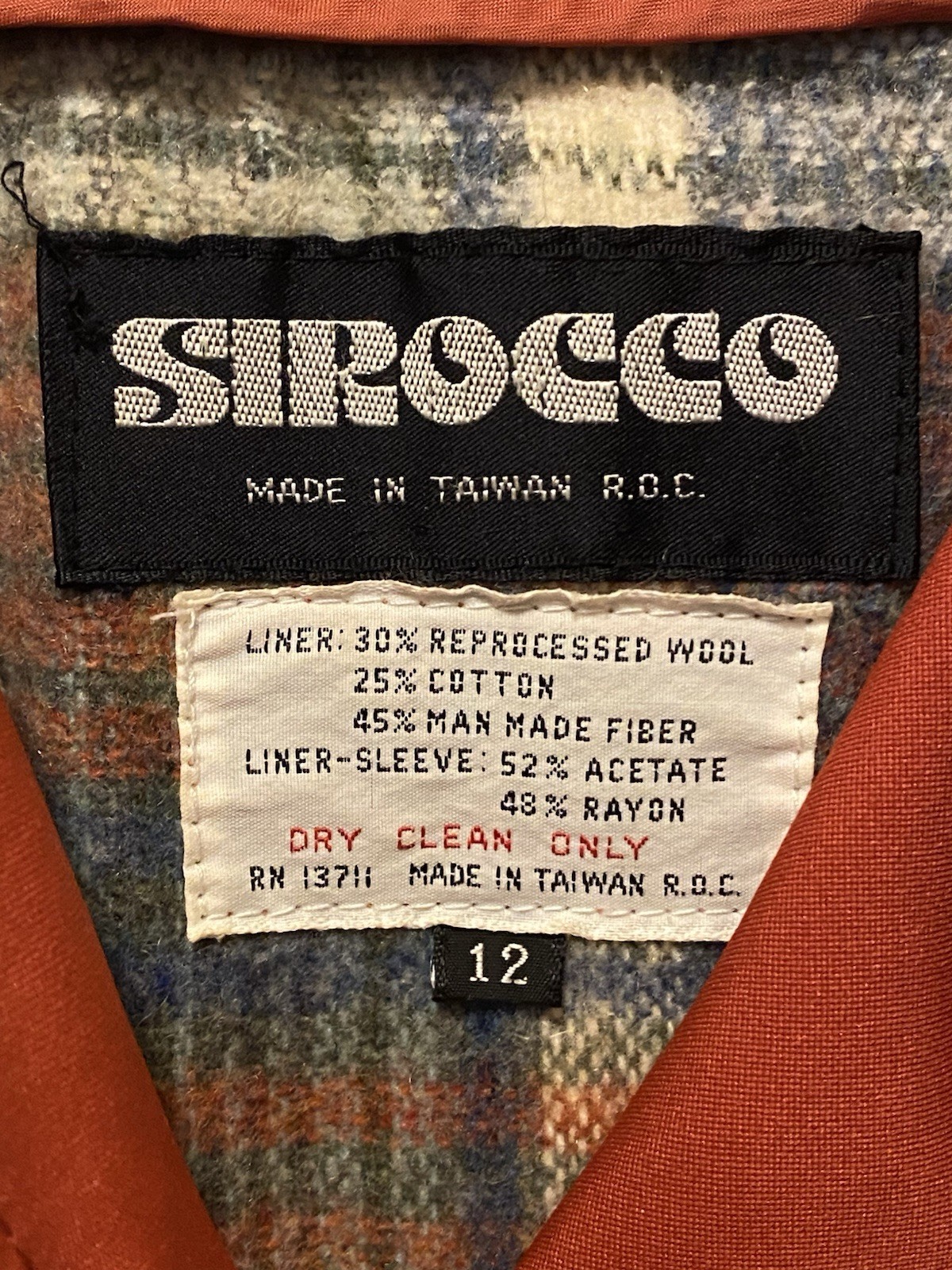 Vintage 1970s Sirocco Rust Orange Trench Coat Plaid Lining Belt Sz 12 Exc