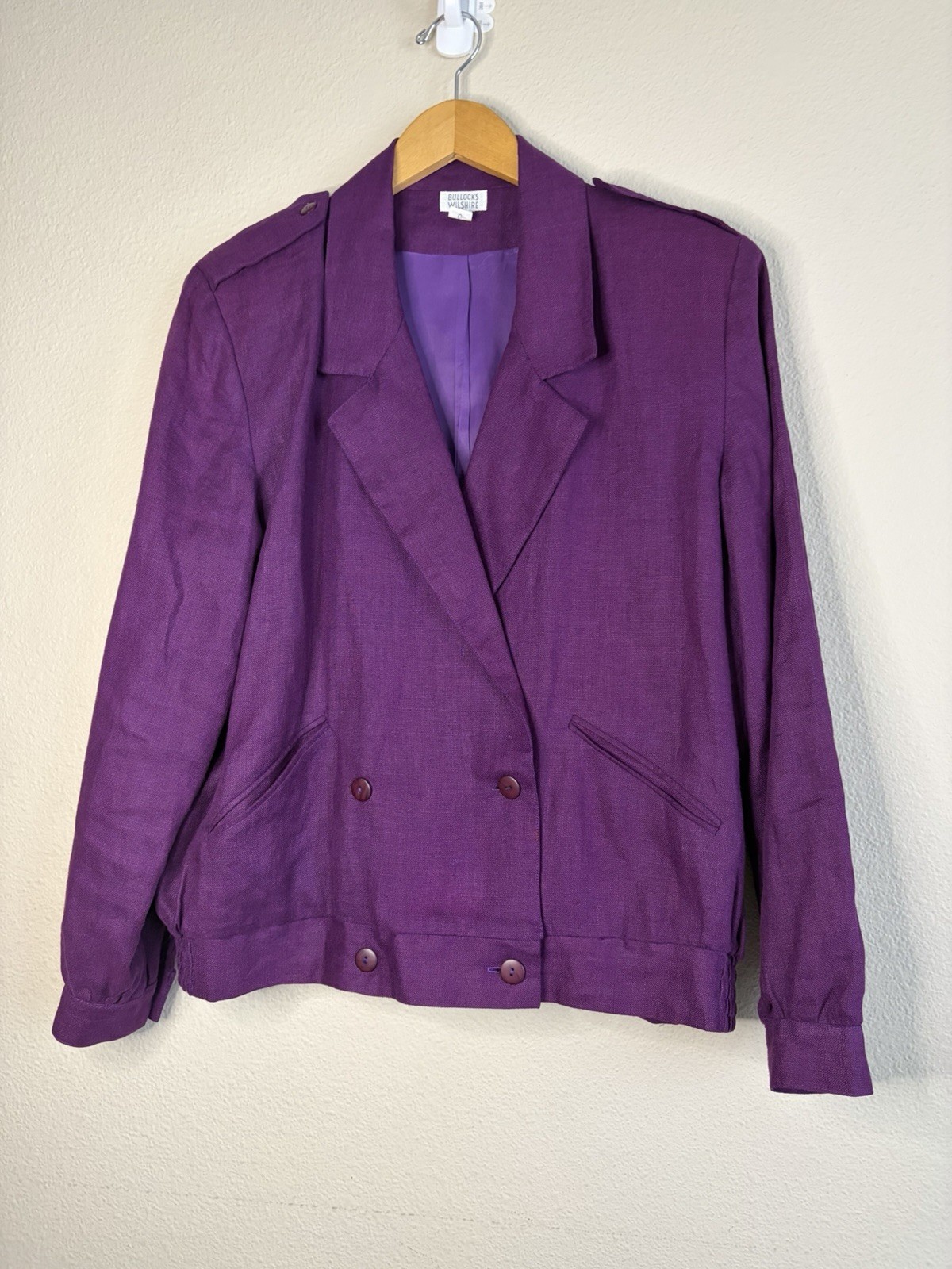 VTG 80s 90s BullocksWilshire Purple 100% Linen Pantsuit Set M 12 Power Suit Pads