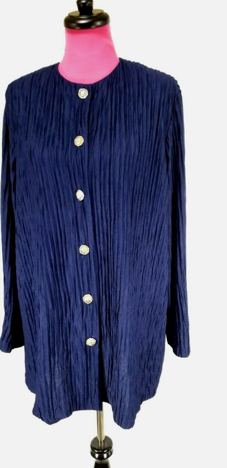 Vintage Ruth Norman Jacket Size L Womens Navy Blue Crinkle Decorative Buttons