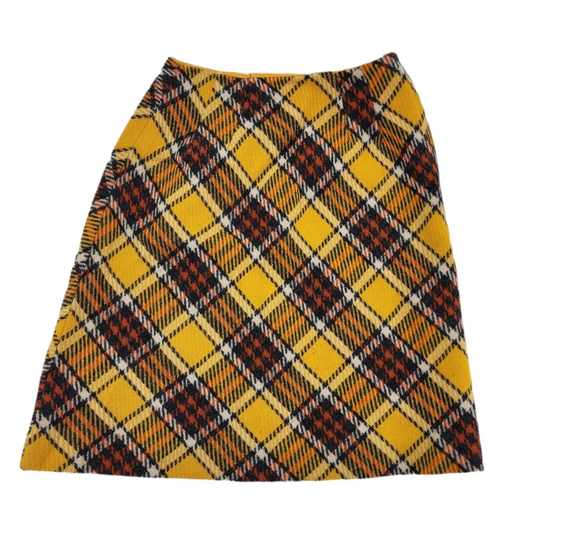 Vintage 70s Sears Jr Bazaar Yellow Plaid Tartan Wool Skirt sz 11 Clueless 1970s