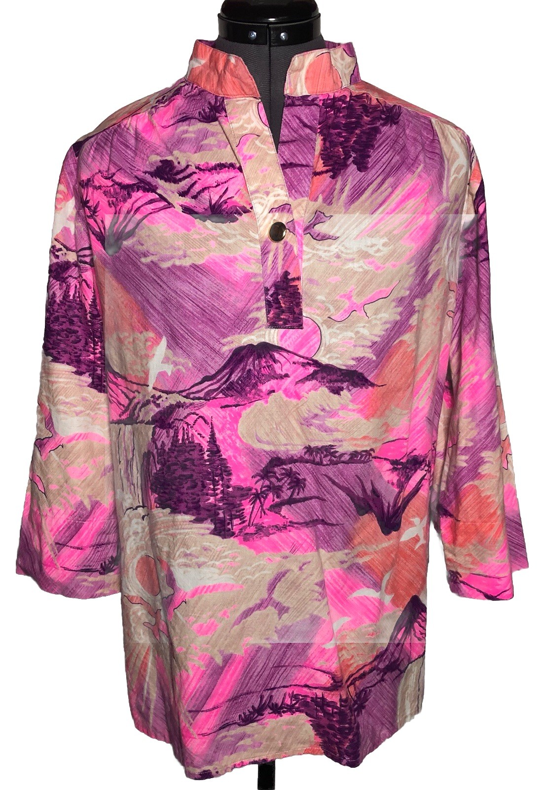 Vtg 70s Hawaiian Shirt Tropical Scenic Tunic B-42″ L-27.5″