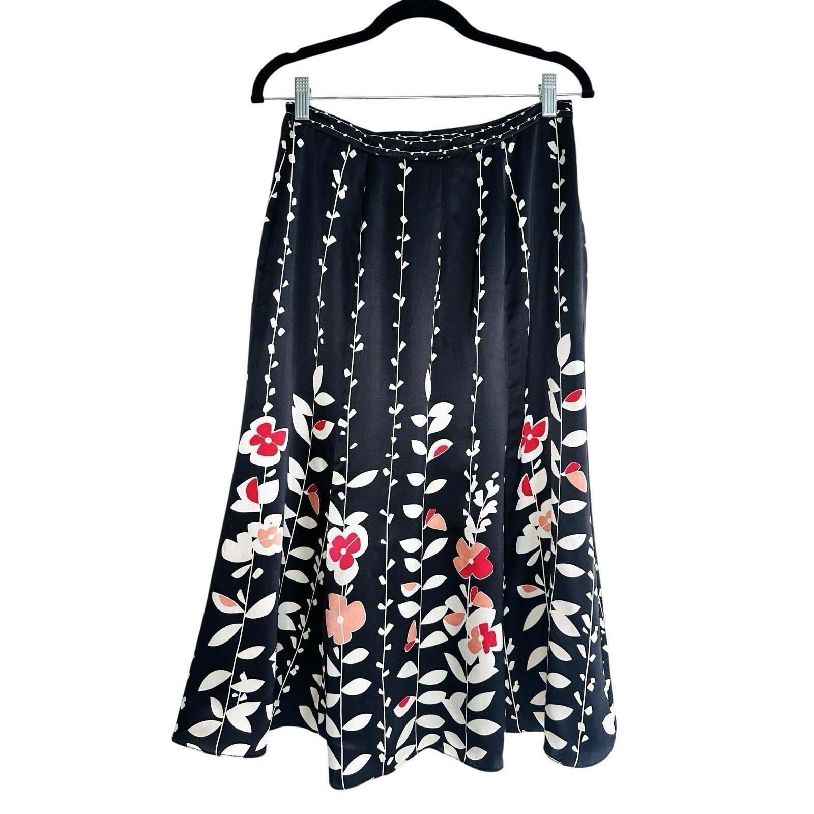 VTG Talbots 100% Pure Silk Floral Midi Skirt Size 6 Black Pink White Botanical