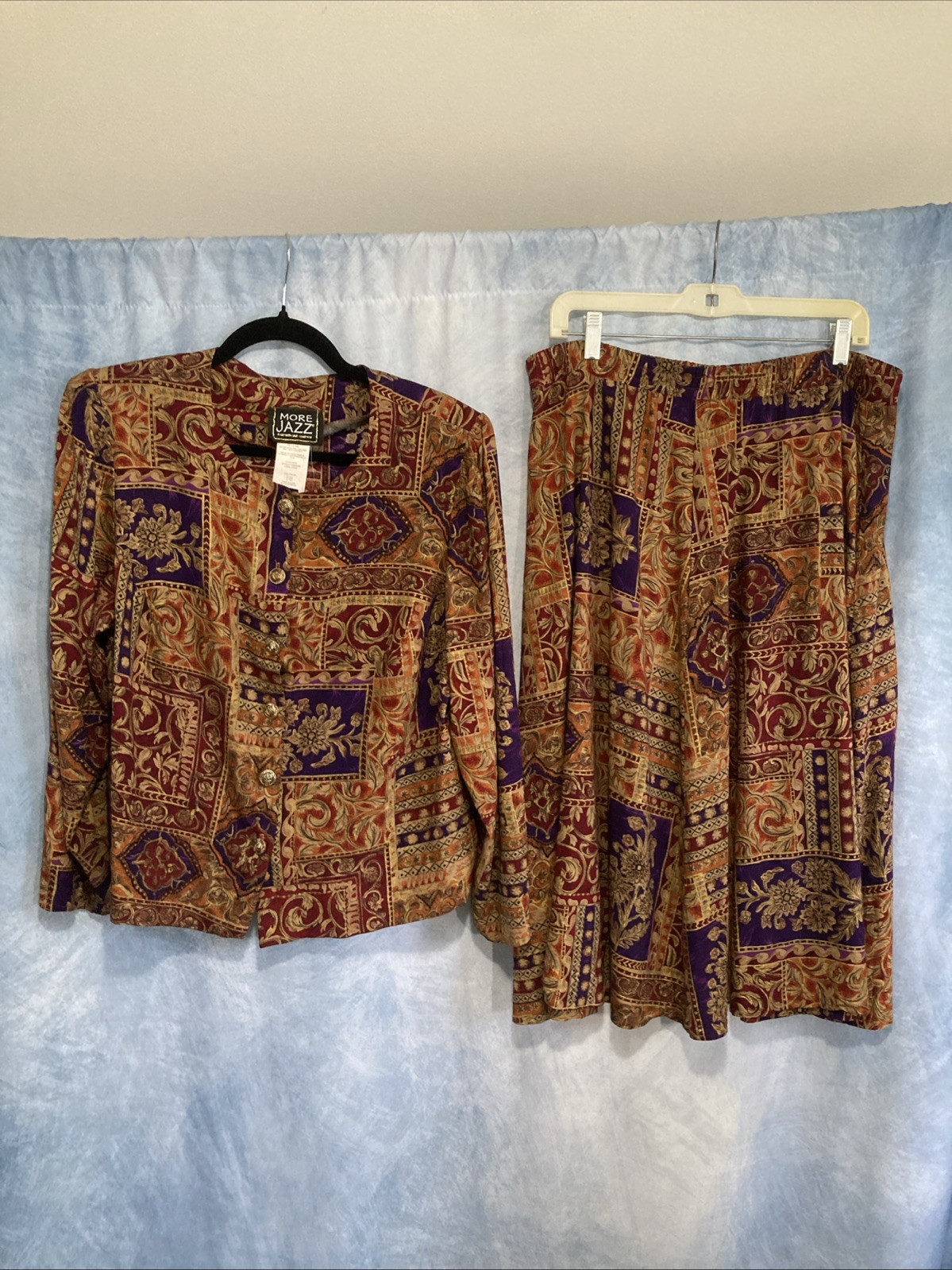 Vtg 80s 90s More Jazz Rayon Blouse Skirt Set Plus Sz 18 Tapestry Boho Floral USA