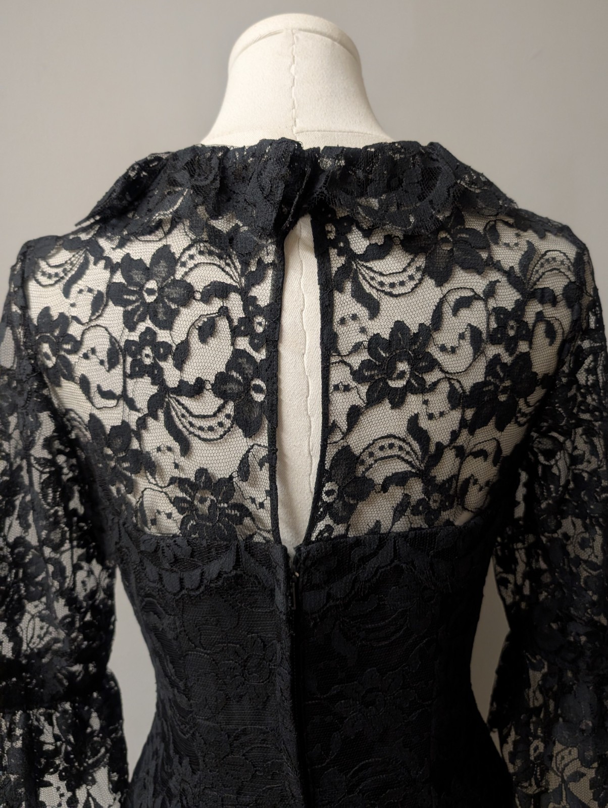 Joseph Magnin Vintage 60’s Black Lace Cocktail Illusion Dress Bell Cuffs LBD S