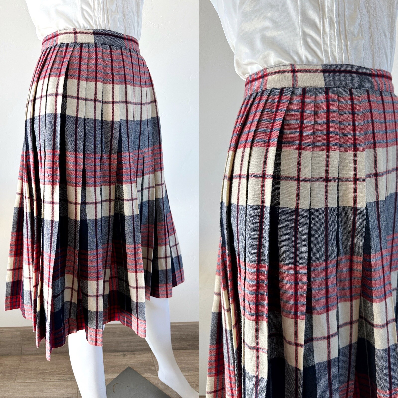 VTG 70S CENTURY OF BOSTON REVERSIBLE PLEATED PLAID SKIRT PREPPY FITS XS/0 24″W