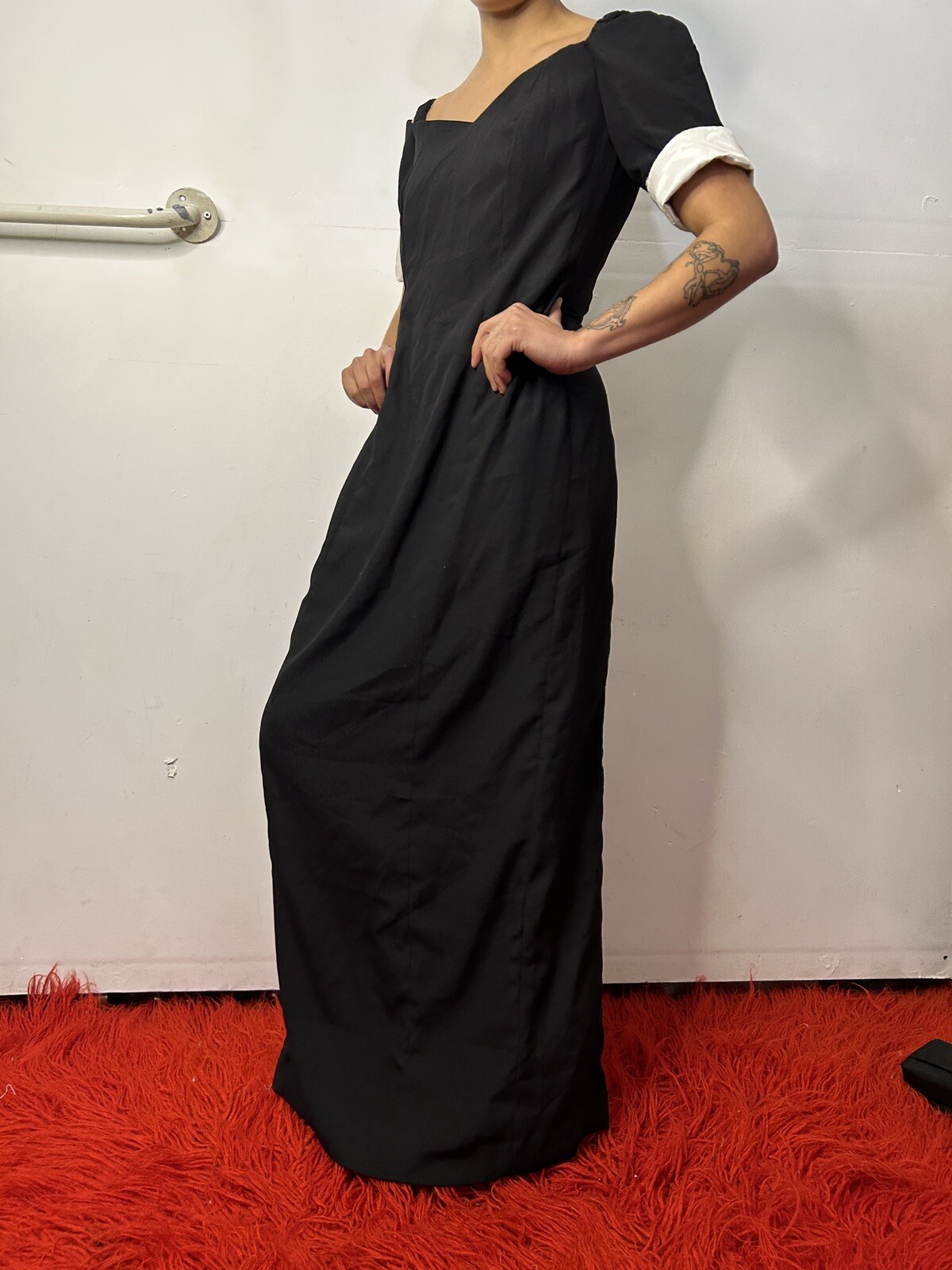 Vintage Handmade Black Dress Maxi Off-the-shoulder Princess Neck Boned AU 8