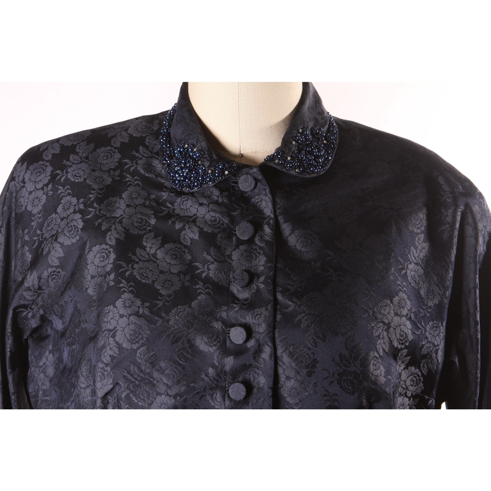 1950s Dark Navy Blue Floral Short Sleeve Dress with Matching Beaded Jacket