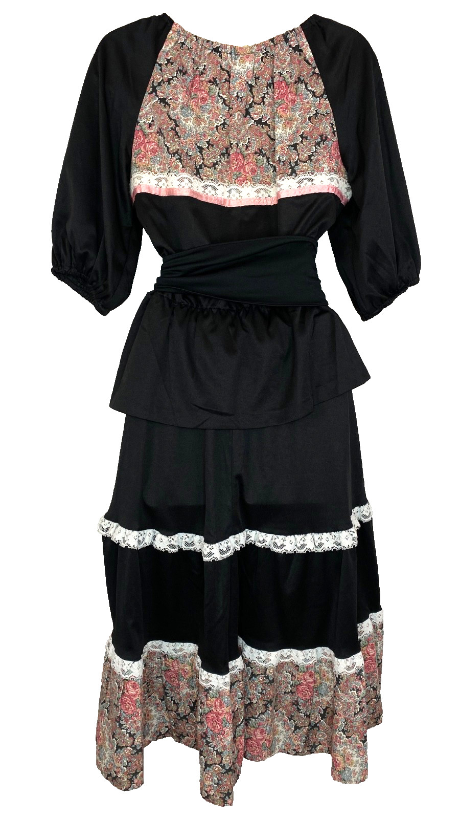 Vintage 1970s black tiered dress M 2 piece pink floral midi top shirt skirt set