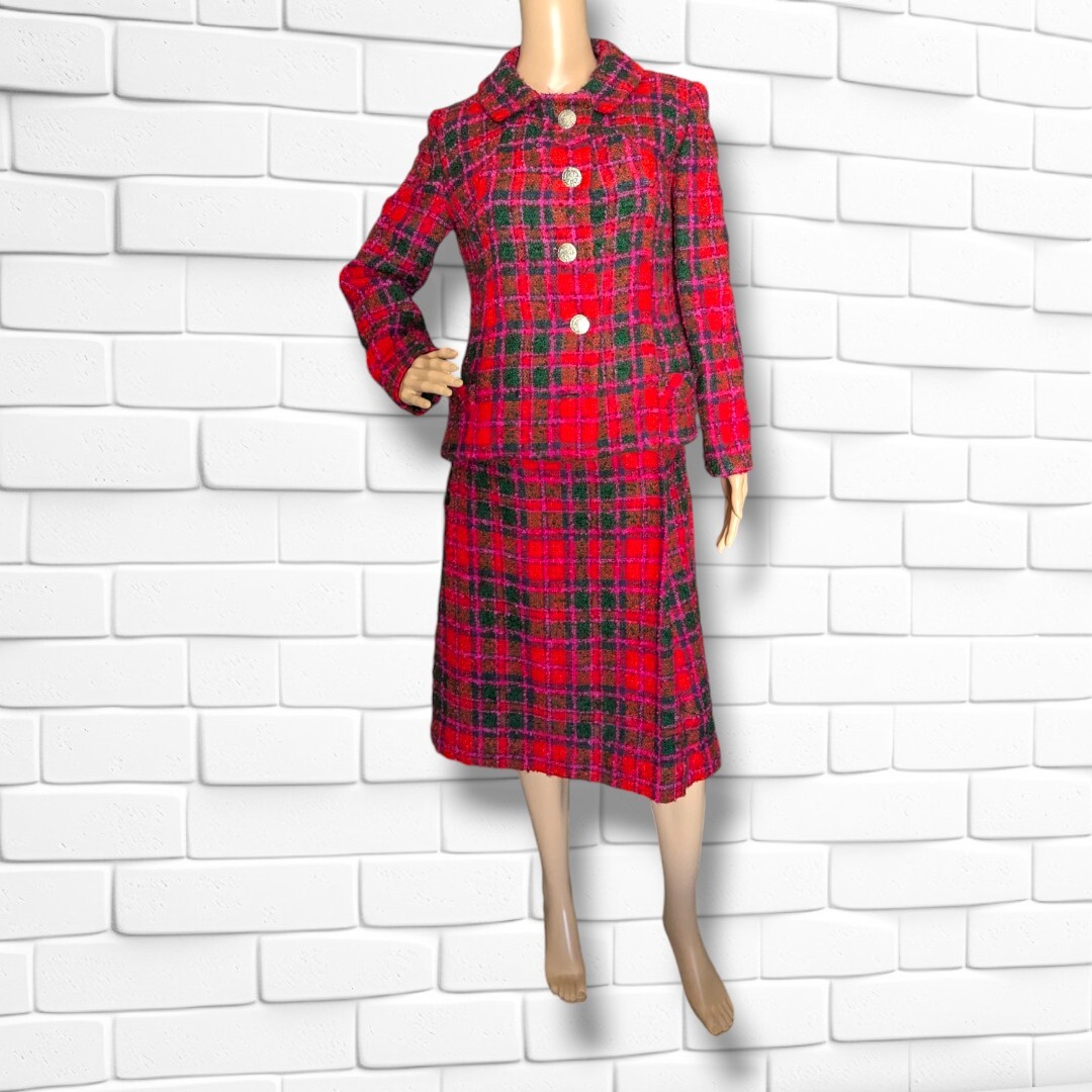 Vintage Ellen Brooke Sportswear Couture Inc 3 Piece Plaid Skirt Suit Boucle Wool