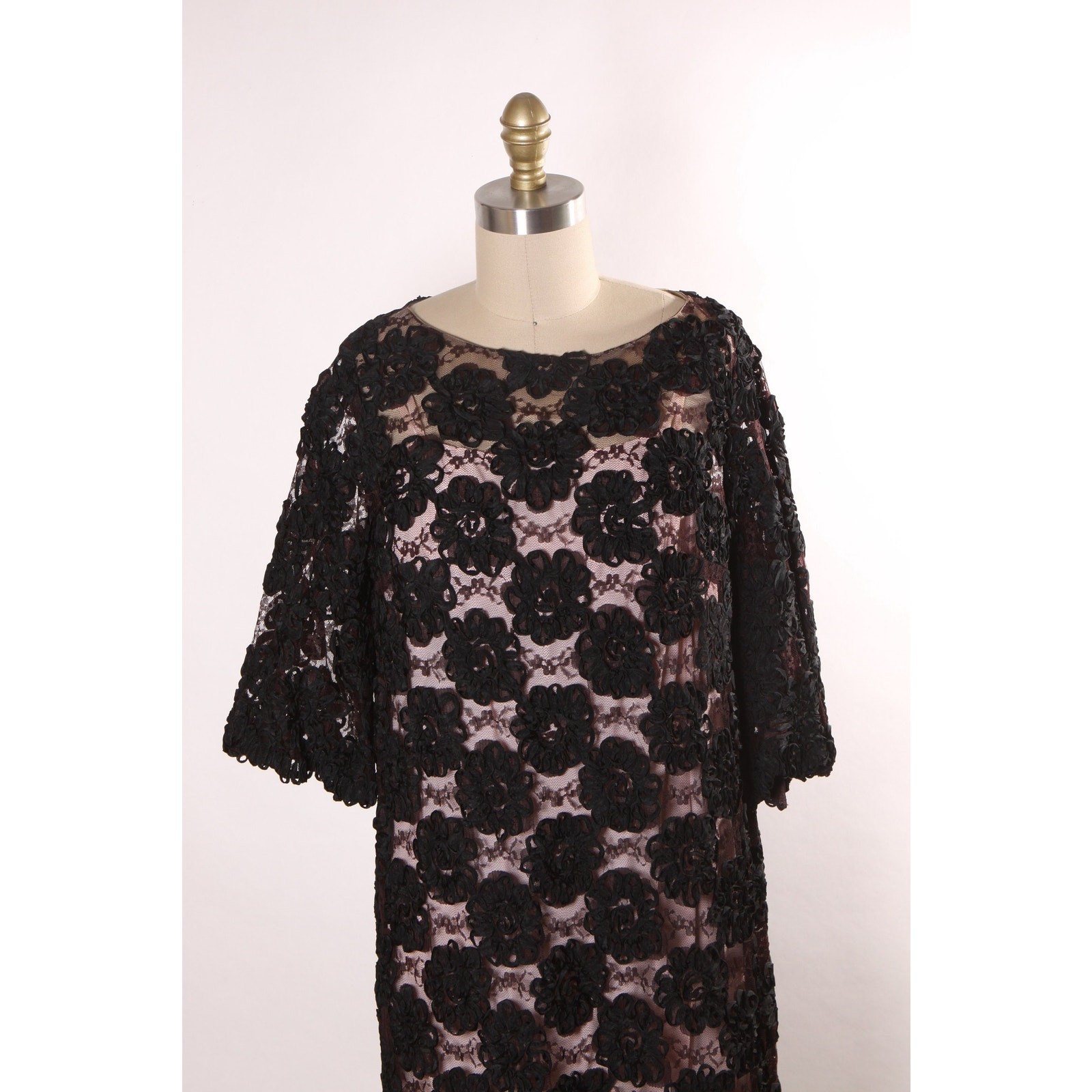 1960s Sheer Black Floral Lace Overlay Dress with Two Slips in Pink and Black