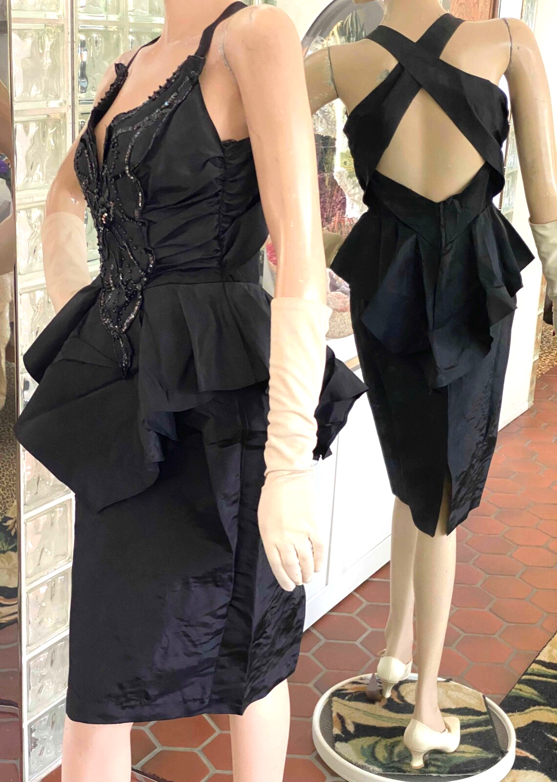 VTG XS SEXY 70s 80s Peplum Wiggle Dress Climax Karen Okada David Howard