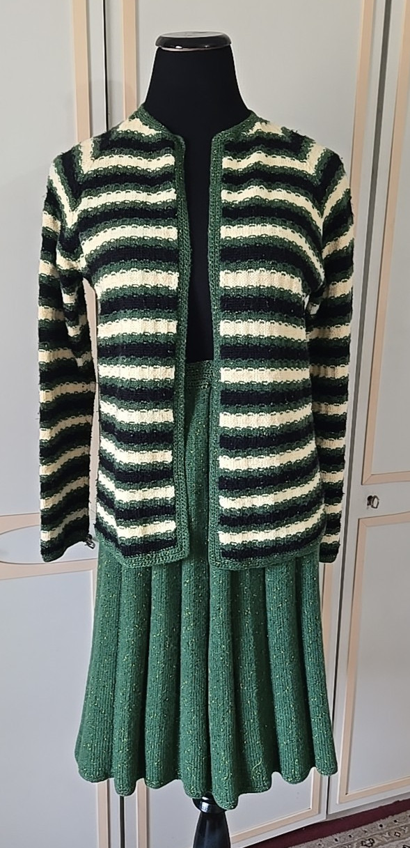 Vintage 60s Heavy Knit Set~ Sweater with Pleated Skirt in Geek Stripes, Midi ~ S