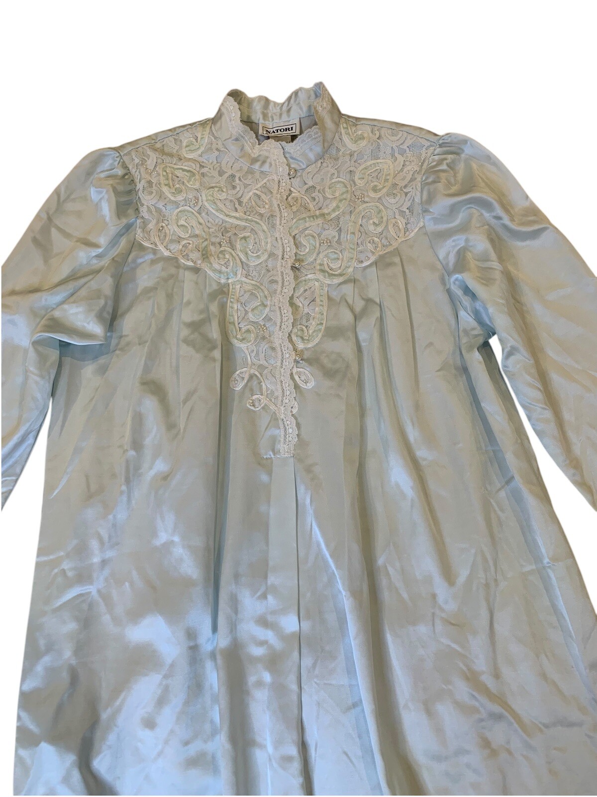 Natori Vintage Satin Nightgown Light Blue Lace Embellishment Faux Pearl Buttons