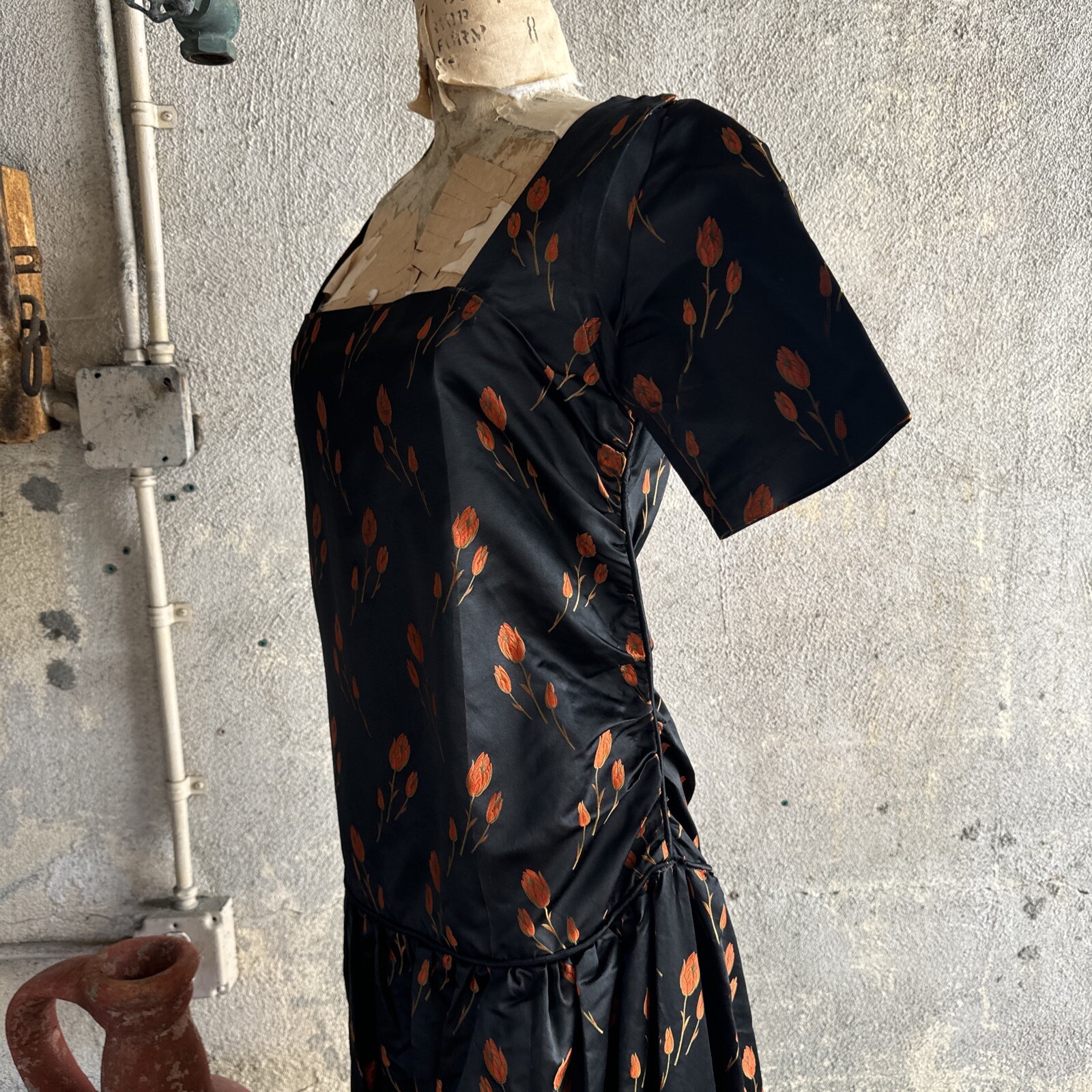Antique 1920s Orange Tulip Silk Brocade Dress 1890s Fabric Full Length Vintage