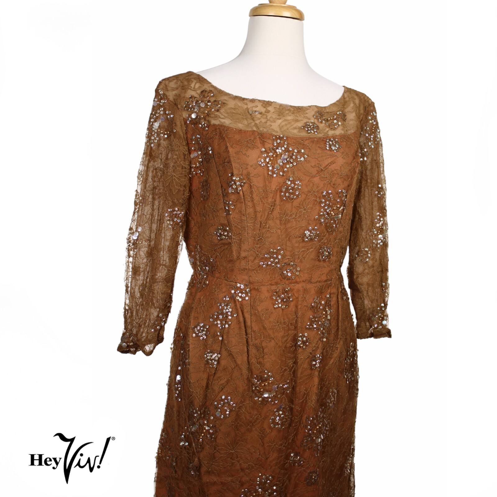 Vintage Martini Designed Sheath Dress Brown Lace w Sequins B36 W29 – Hey Viv
